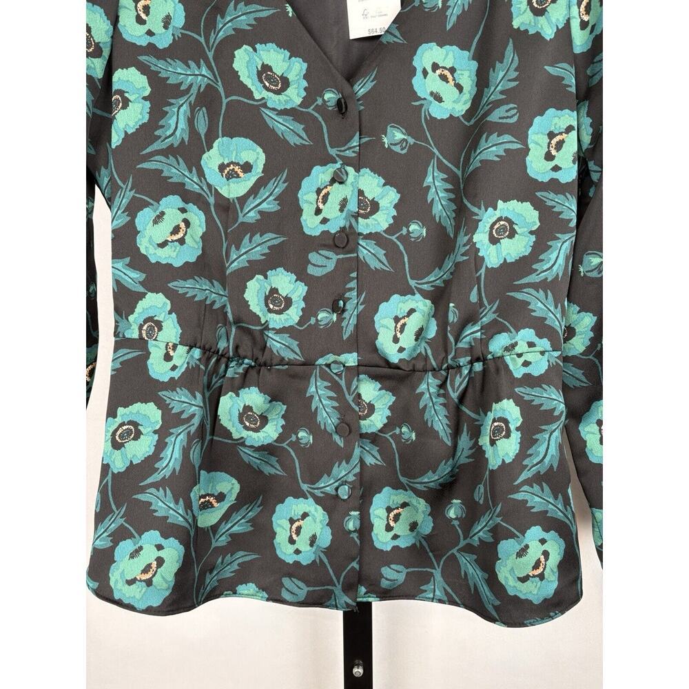 J. Crew Satin Back Crepe Button-front Blouse 0 Black Green Floral V-Neck NWT - Picture 4 of 12